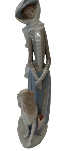 Lladro lady with dog porcelain - with,